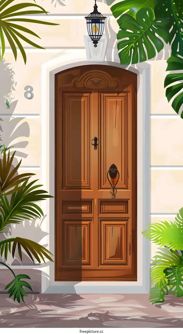 Wooden Door With Tropical Plants Illustration