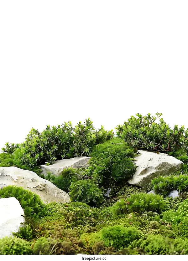 Green Moss and Rocks on White Background