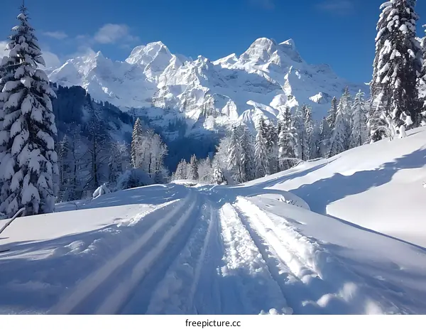 The snow-covered mountains and trees in the distance with snow-covered road in the foreground