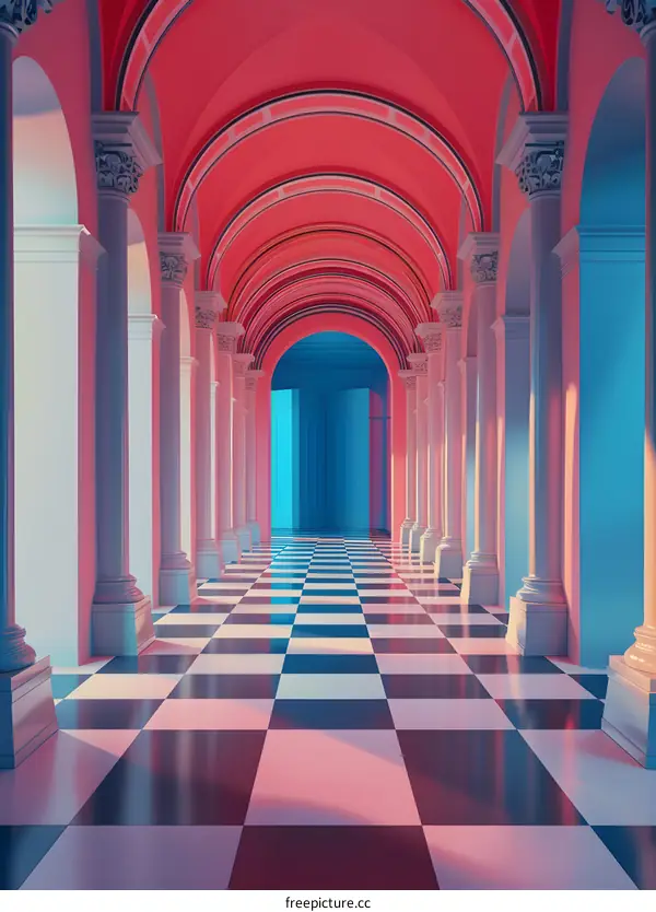 Checkerboard Floor Hallway with Pink and Blue Walls