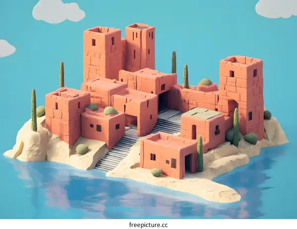 Low Poly 3D Rendered Illustration of a Desert Island Village