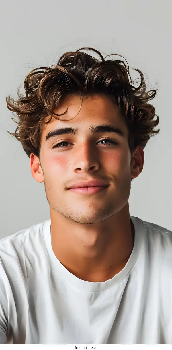 Portrait of a Handsome Young Man with Curly Hair