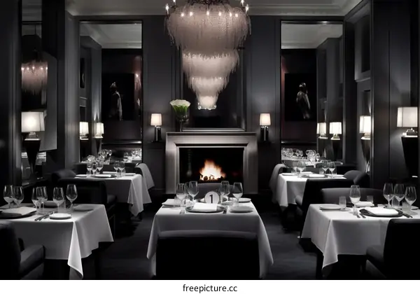 Elegant restaurant with dark walls and white tablecloths