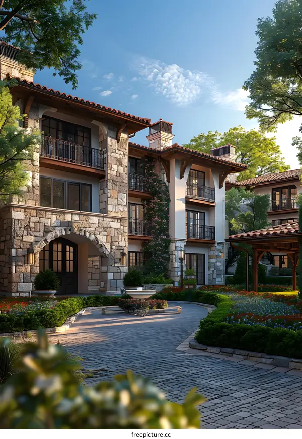 Courtyard of a mediterranean style villa with a fountain in the center