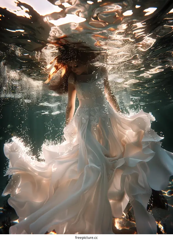An underwater photo of a woman wearing a white dress