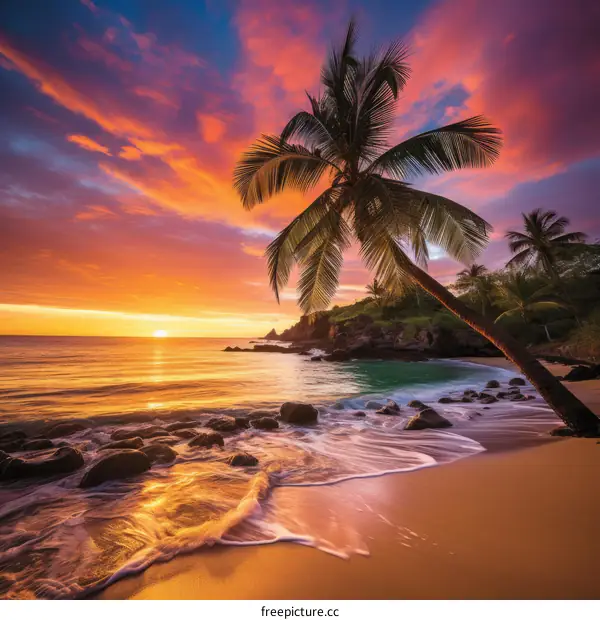 Palm tree on a tropical beach with a beautiful sunset in the background