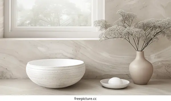 Bathroom vanity with a round vessel sink and a vase of flowers