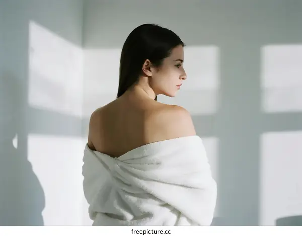 Young woman wrapped in white towel with sunlight shadows