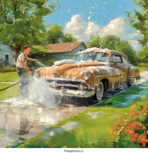 Man washing a vintage car with a hose in the driveway