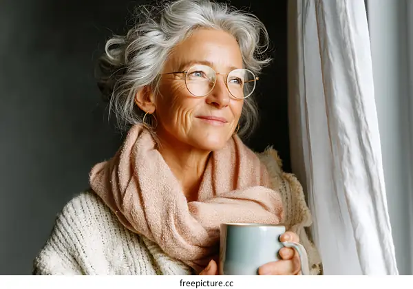 Senior Woman Enjoying a Warm Drink by the Window