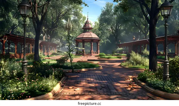 European style park with a gazebo in the center