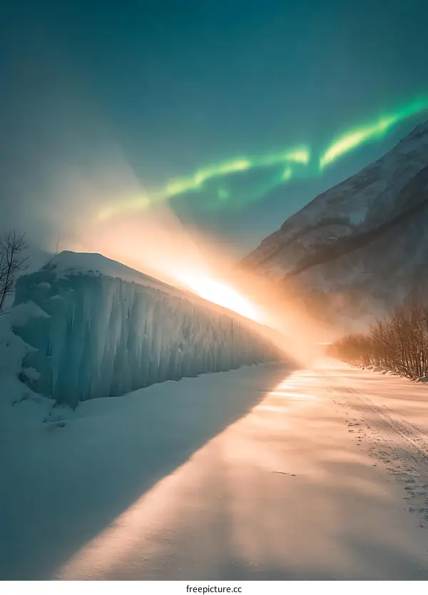 Aurora Borealis Over Snowy Mountain Landscape