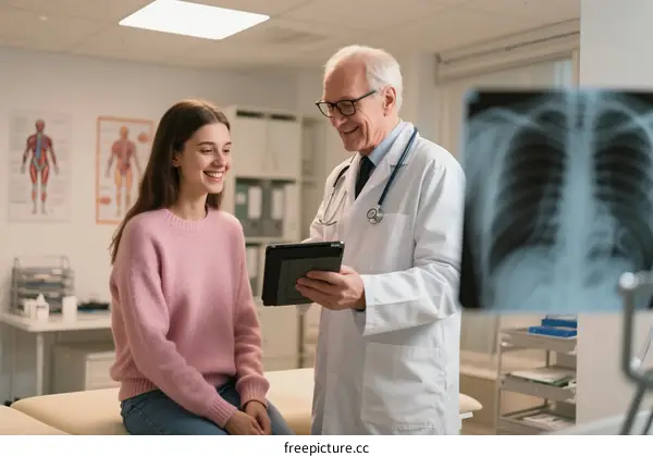 Doctor showing X-ray results to young female patient in clinic