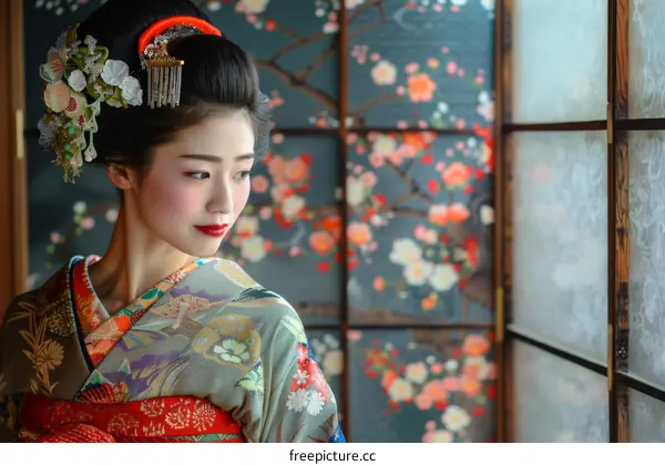 A Japanese woman wearing a kimono is standing in front of a traditional Japanese house.