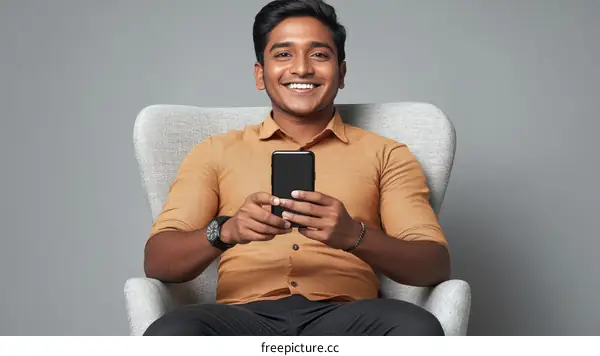 Smiling Man Using Smartphone in Chair