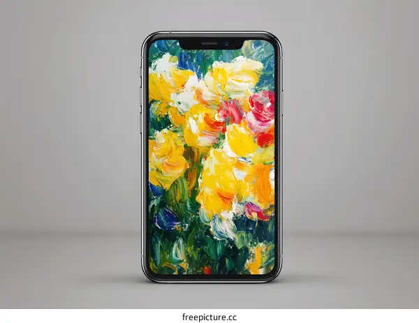 Phone Mockup with Oil Painting Flowers Wallpaper