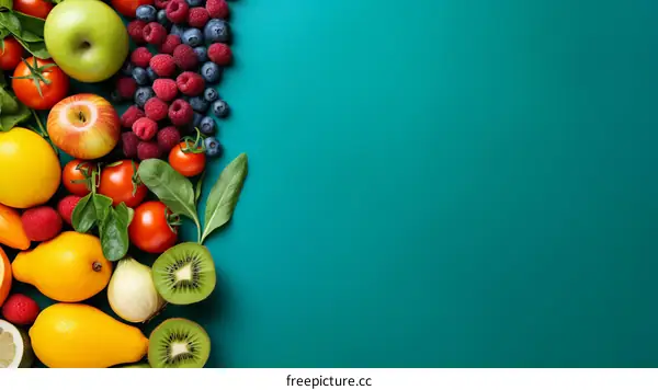 Fresh and healthy organic fruits and vegetables on green background