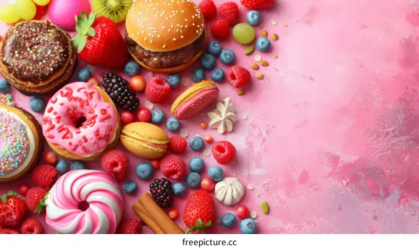A variety of sweet and savory foods are arranged on a pink background.