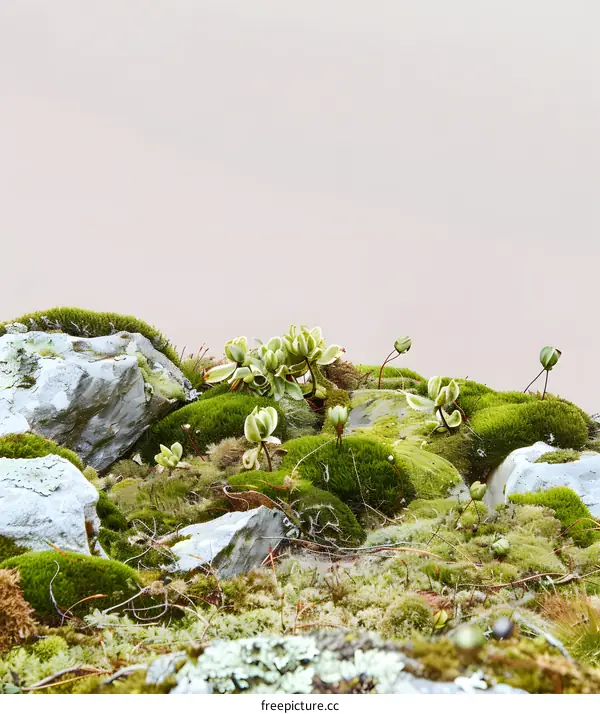 Green Mossy Stones Against a Soft Pink Background