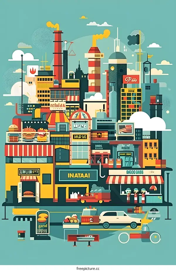 Cityscape Illustration With Buildings and Shops