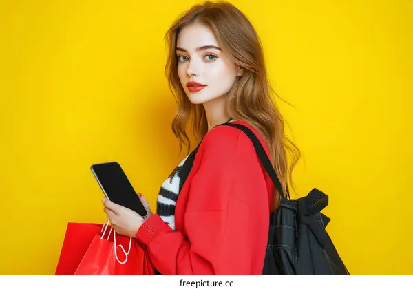 Young Woman Holding Smartphone and Shopping Bags Against Yellow Background