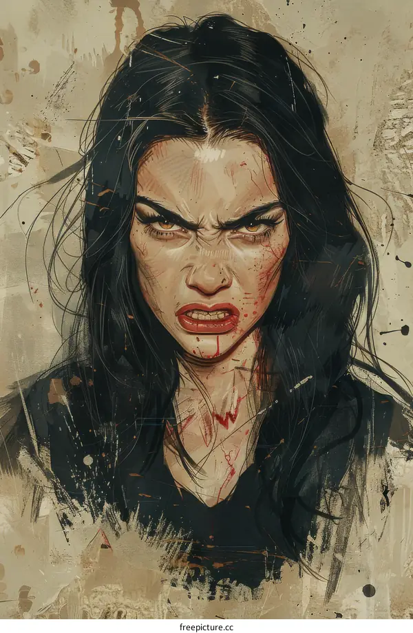 Portrait of a woman with long black hair and red lipstick looking at the viewer with an angry expression