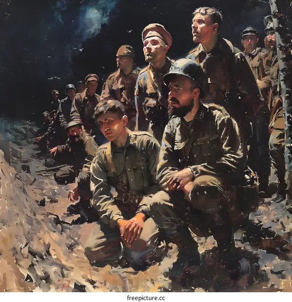 A group of soldiers are kneeling and standing in a trench during World War I.