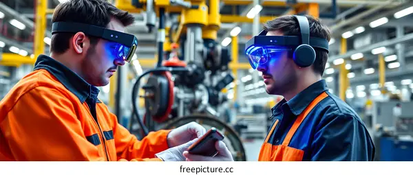 Two Caucasian Men In Hard Hats Working In Factory With Augmented Reality Glasses