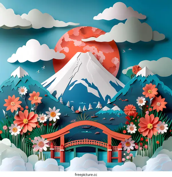 Mount Fuji in the style of paper cut art