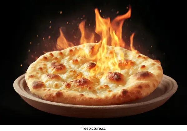 Flaming Freshly Baked Flatbread on a Wooden Plate