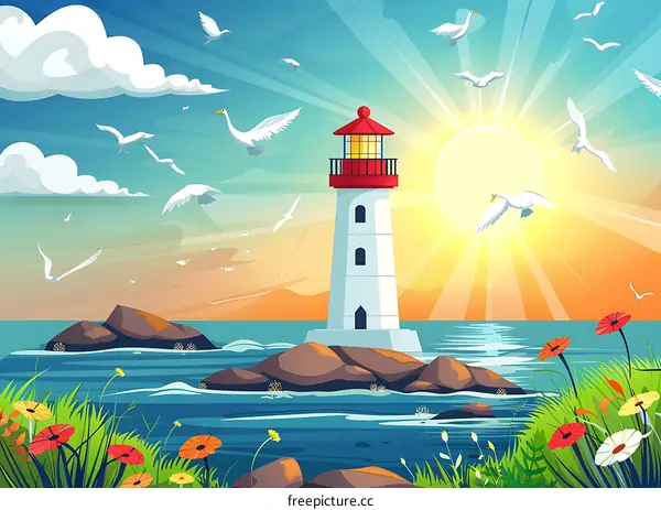 Lighthouse on the Coast with Seagulls and Sun