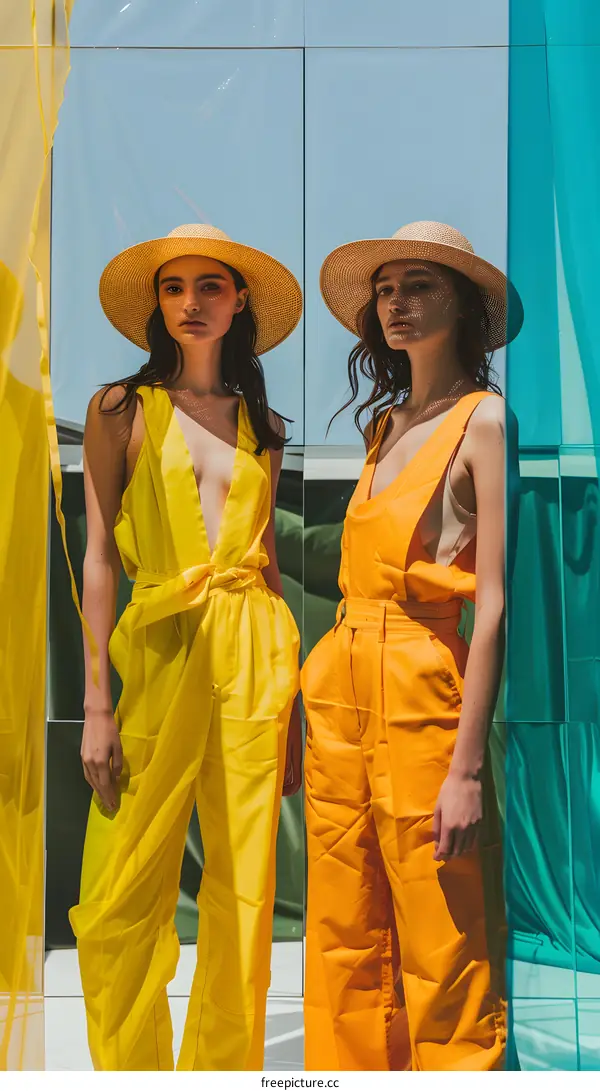 Two Women Wearing Yellow and Orange Jumpsuits Posing in Front of a Mirror
