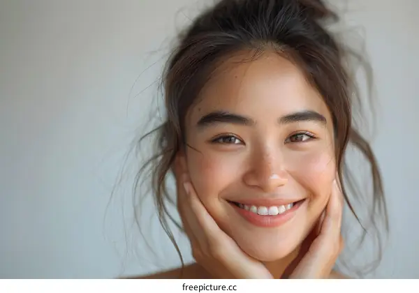 portrait of a smiling young Asian woman with freckles and her hair in a bun