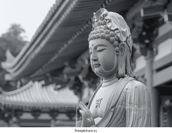 Black and White Photo of a Buddhist Statue