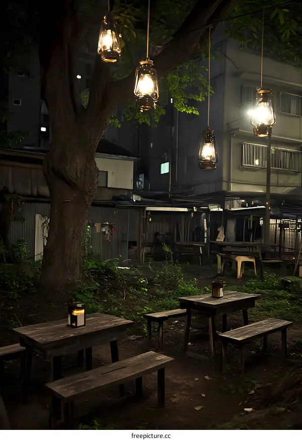 Outdoor Cafe With Hanging Lanterns At Night