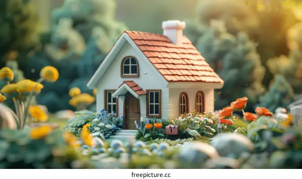 Small Model House Surrounded by Flowers and Greenery