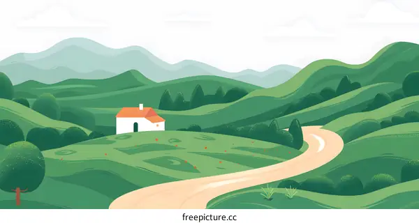 Green Hills Landscape with a Winding Road and a House