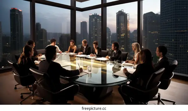A group of people are sitting around a conference table having a meeting