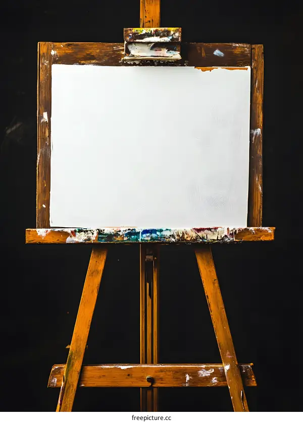 Blank Canvas on Wooden Easel with Paint Splatters