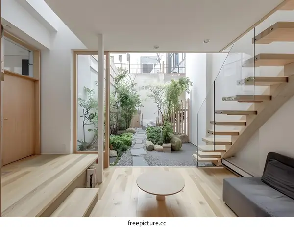 Modern Minimalist Living Room Design with Glass Staircase and Backyard View