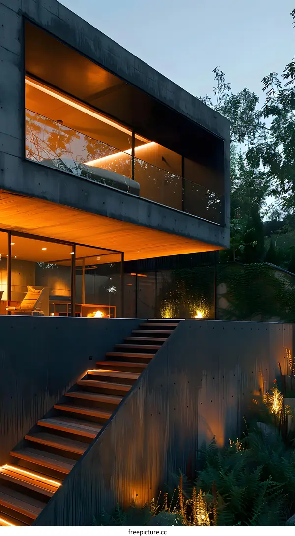 Modern Concrete House with Illuminated Stairs and Backyard