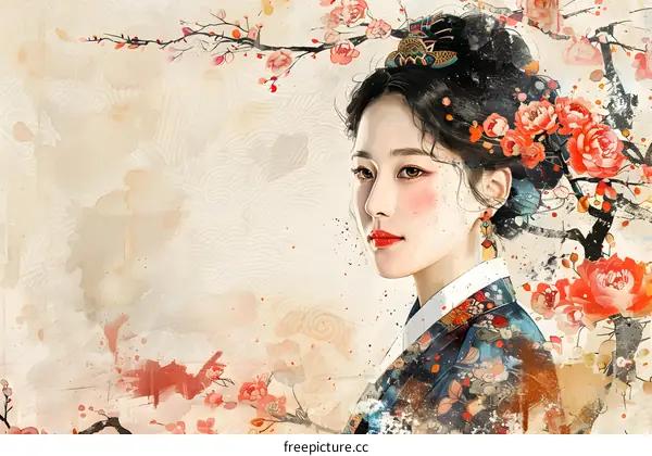 A beautiful Korean woman in traditional dress with pink and red flowers in her hair