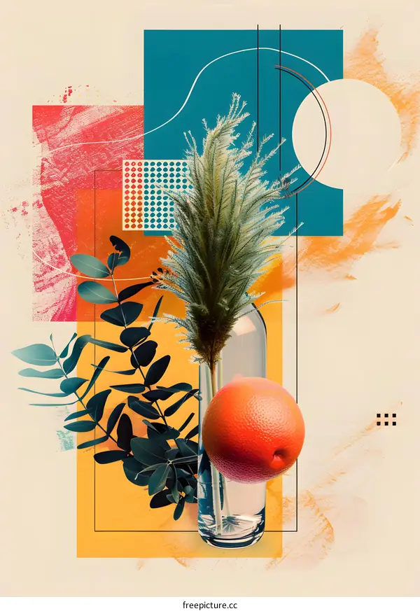 Abstract Art with Flowers and Fruit in Glass Vase