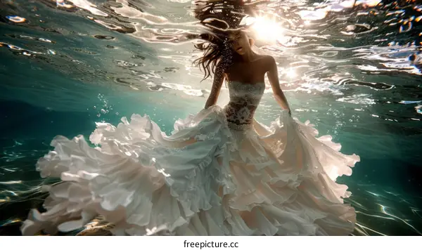 An Underwater Fairytale: Bride in White Wedding Dress Swims Gracefully