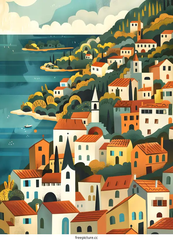 Colorful Illustration of a Village by the Sea