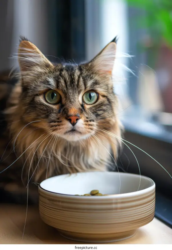 A cute tabby cat is sitting in front of a bowl of food