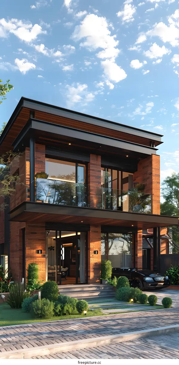 Modern Brick House with a Balcony and a Car in Front