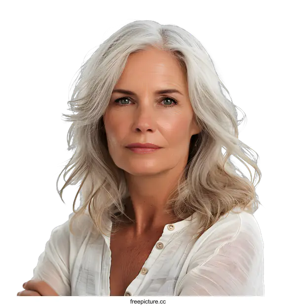 [Transparent Background PNG]Portrait of a Woman with Long Gray Hair