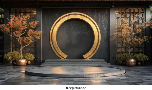 3D rendering of a circular stage with a golden frame in a traditional Chinese courtyard