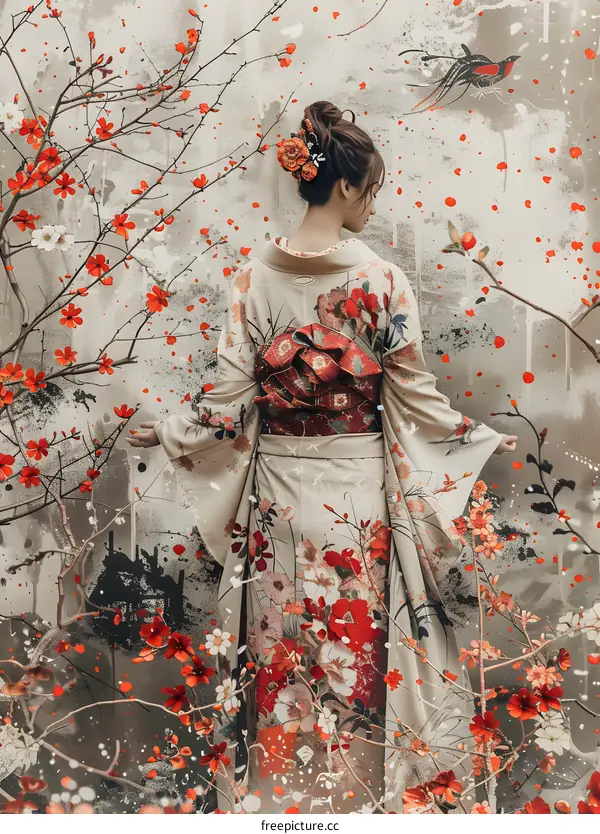 A woman wearing a kimono standing in a field of red flowers